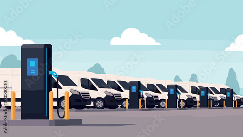 Electric vans charging at modern charging stations in a fleet parking lot