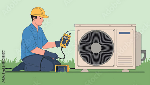 Technician inspecting air conditioning unit with multimeter in cartoon style