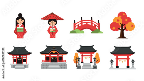 Traditional japanese icons set featuring temples, kimonos, and autumn elements in flat design