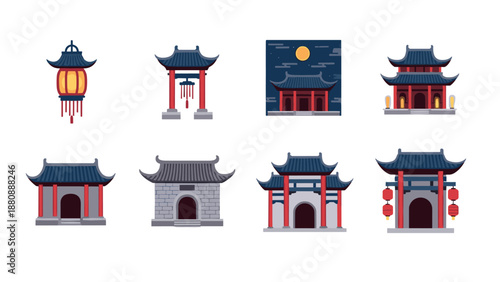 Traditional asian architecture icons set with lanterns and pagodas