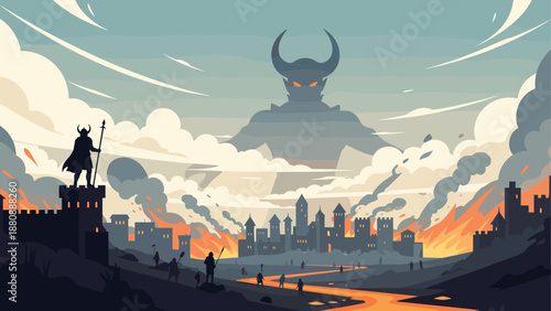 Epic battle against the giant shadow: medieval silhouette scene