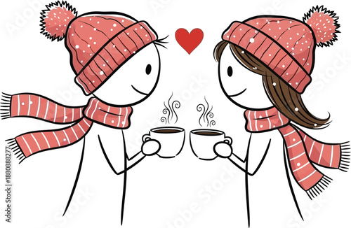 Cute stick figures wearing matching pink winter hats and scarves share a warm drink together under gentle falling snow symbolizing affection