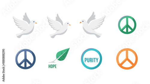 Peace symbols: dove and icon set featuring hope and purity themes