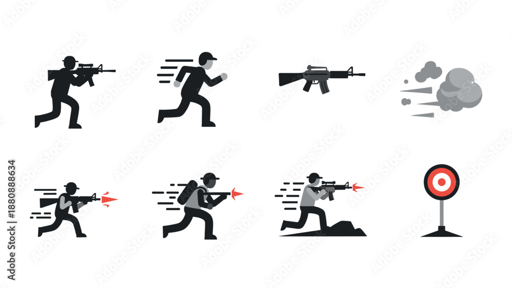 Fototapeta premium Silhouette action icons: soldiers, weapons, and targets in motion