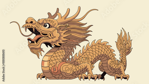 Intricate golden dragon in traditional art style on beige background