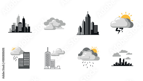 Flat urban and weather icons collection with buildings and cloudy sky elements