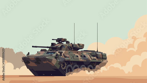 Detailed camouflage military vehicle in desert environment with dust clouds
