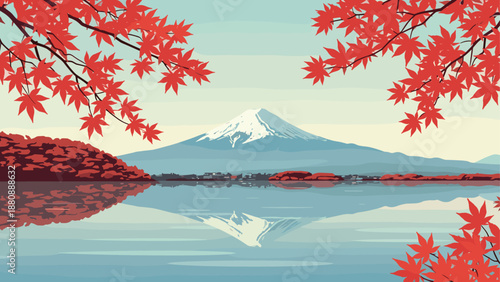 Serene autumn landscape with mount fuji reflected in tranquil lake under crimson maple leaves