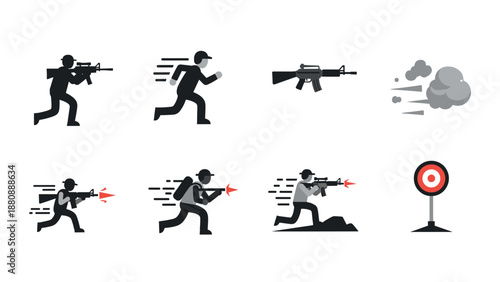 Silhouette action icons: soldiers, weapons, and targets in motion