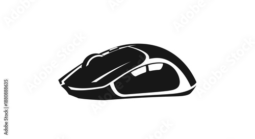Black computer mouse with white accents.