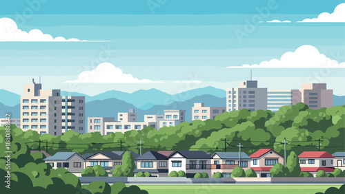 Suburban neighborhood with city skyline and mountains in the background