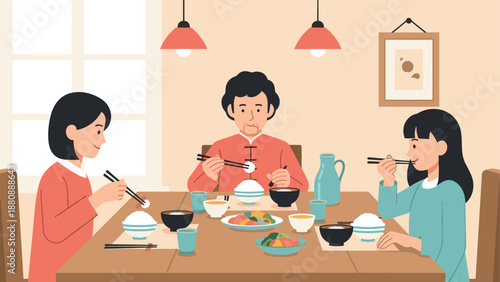 Family enjoying traditional meal together at dining table in cozy home setting