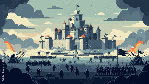 Medieval castle siege with armies and fiery siege weapons in dramatic landscape scene