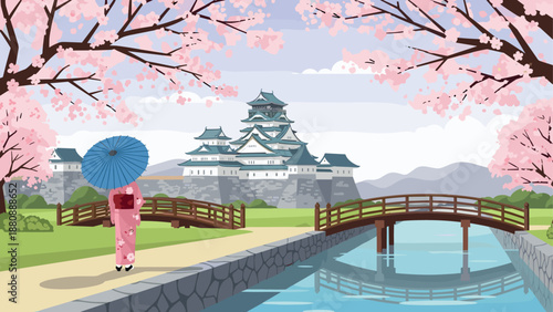 Springtime stroll in traditional garden with cherry blossoms and historic castle