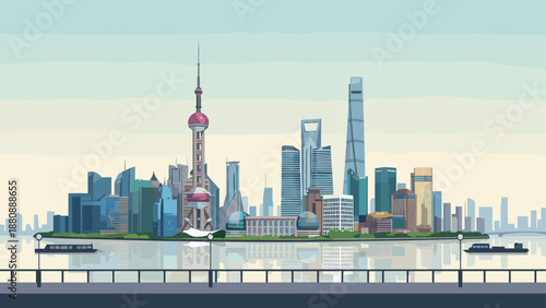Modern urban skyline with reflections of iconic skyscrapers in shanghai cityscape