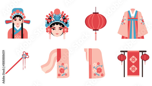 Traditional asian cultural elements with festive lanterns and attire in flat design