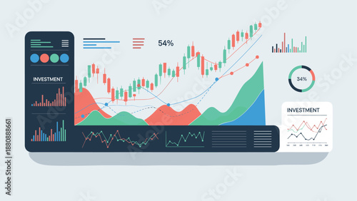 Colorful data dashboard with chart and graph visuals for financial analysis