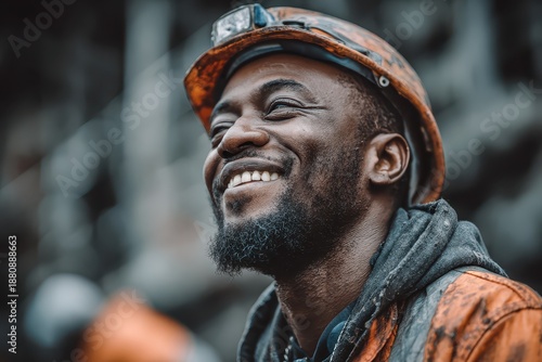 Happy Black miner smiles wide, wearing a dirty hard hat. Ideal for showcasing job satisfaction and workers' pride.