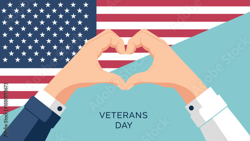 Hands forming heart for veterans day with american flag background
