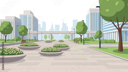 Urban park scene with modern buildings and greenery in flat design