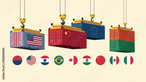 Global trade concept with shipping containers and flags of major economies