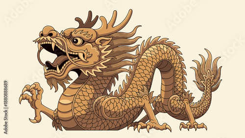 Golden dragon artwork in traditional style with intricate details and mythical expressions