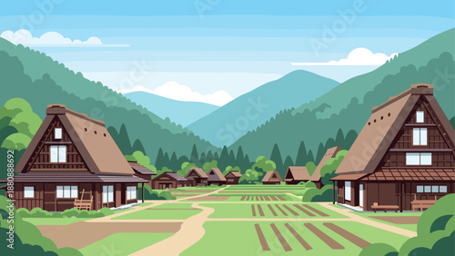 Traditional rural village in lush mountain landscape with clear blue sky