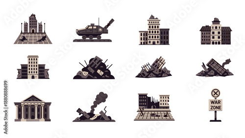 Urban destruction icons set depicting war and ruins in monotone style