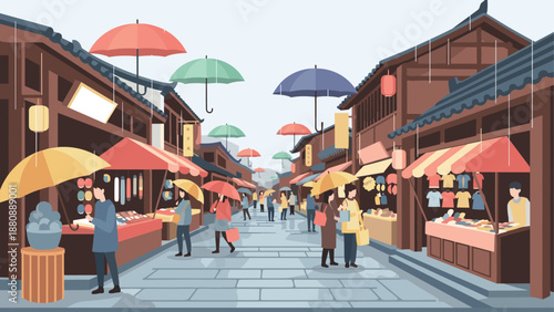 Charming street scene with floating umbrellas in a traditional market setting