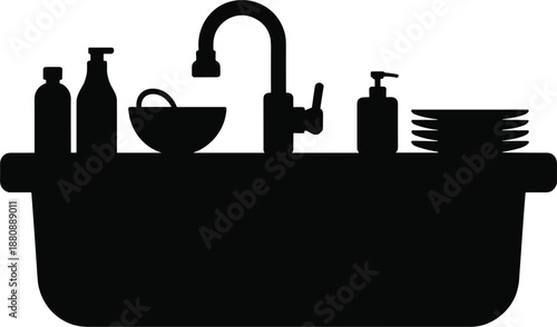 Silhouette of a sink with dishes, bottles, and soap dispenser Keywords: sink, basin, silhouette, black, icon, graphic, design