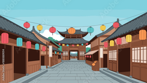 Traditional japanese street with colorful lanterns and historic architecture
