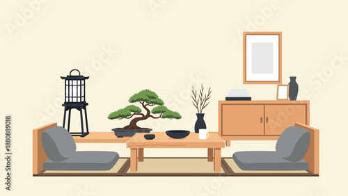 Serene minimalist living room with bonsai and wooden furniture