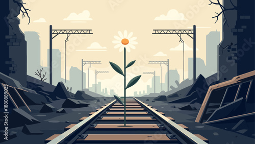 Resilience amid ruins: a flourishing flower on desolate railway tracks