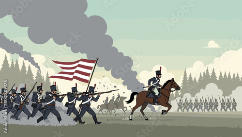 Historic marching army in motion with cavalry and flag in classic art style