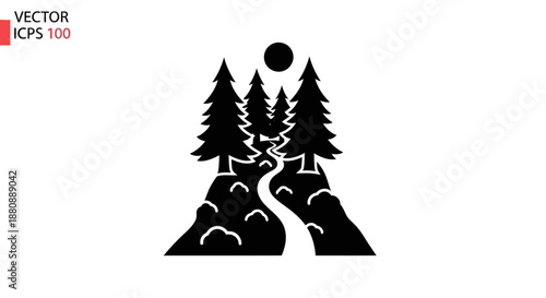 Black silhouette of pine trees landscape.