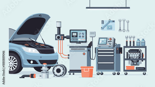 Automotive workshop setup with car diagnostics and repair equipment in flat style