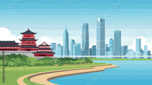 Traditional pagoda and modern skyline by waterfront in flat urban landscape
