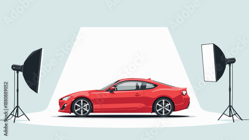 Red sports car in professional studio setup for photography session