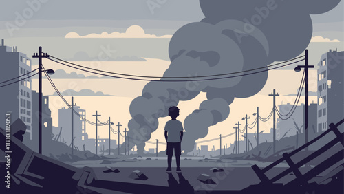 Boy standing in apocalyptic cityscape with smoke in monochrome cartoon style