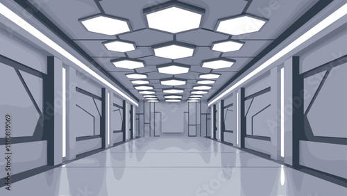 Futuristic hexagonal ceiling corridor in modern sci-fi building design