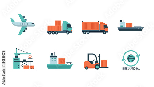Global logistics icons: air, land, sea transport in flat style