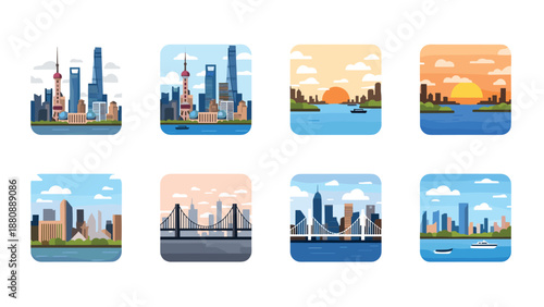 Vibrant cityscapes with iconic skylines and bridges in flat design style