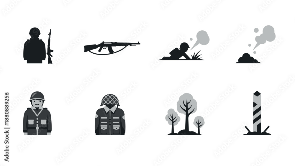 Fototapeta premium Military icons set: soldier, rifle, camouflage, and landscape elements in gray tones