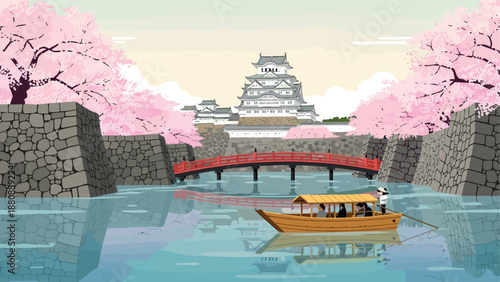 Tranquil river scene with traditional japanese architecture and cherry blossoms in spring