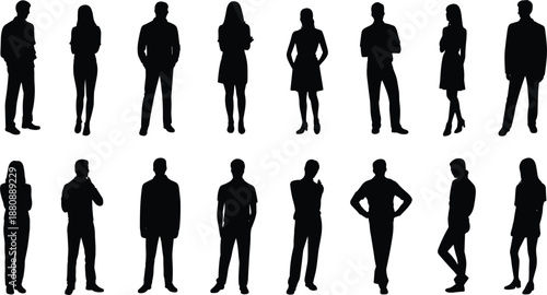 Silhouettes of Diverse People Standing in Two Rows on White Background vector illustration