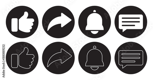 Like, Comment, Share, and Subscribe Button. Collection of subscription buttons in icon shape for channel, blog, social media. Icon set for channel and social networks. 