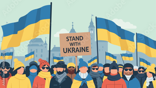 United support for ukraine: flat design of crowd with flags and protest signs