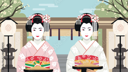Traditional japanese culture with geisha in kimono in a minimalist style setting