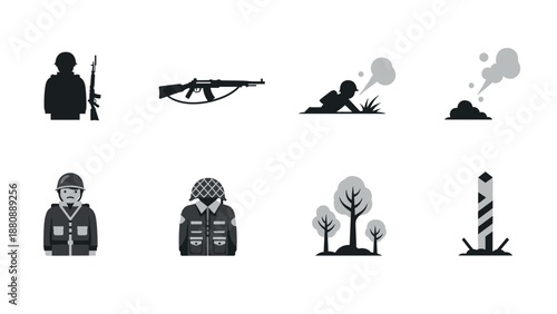 Military icons set: soldier, rifle, camouflage, and landscape elements in gray tones