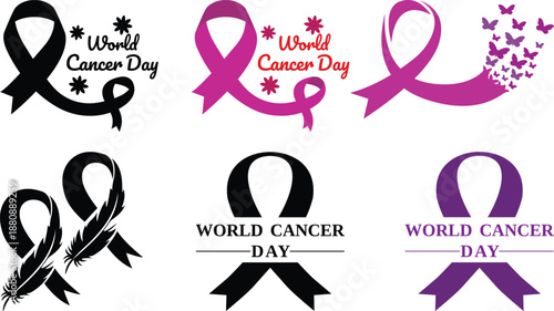 Cancer Awareness Ribbon icon set. World Cancer Day Symbols. Oncology emblem, charity sign, cancer prevention awareness, hope, medical campaign.